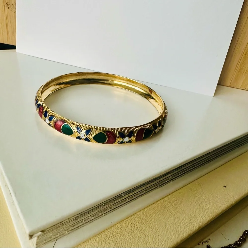 Vintage Cloisonné Gold-Tone Patterned Bangle - Picture 5 of 5